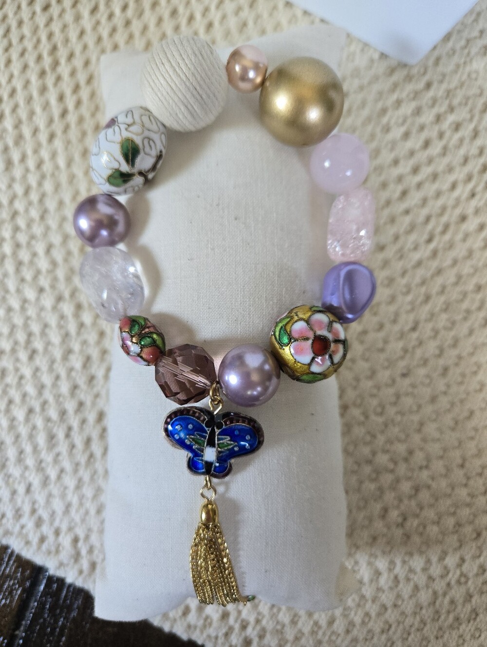 B-101-Multicolor Beaded Bracelet with Cloissone Beads & Blue Butterfly Charm